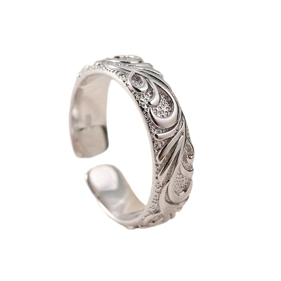 Silver Plated Open Cuff Ring with Design - Picture 3 of 5